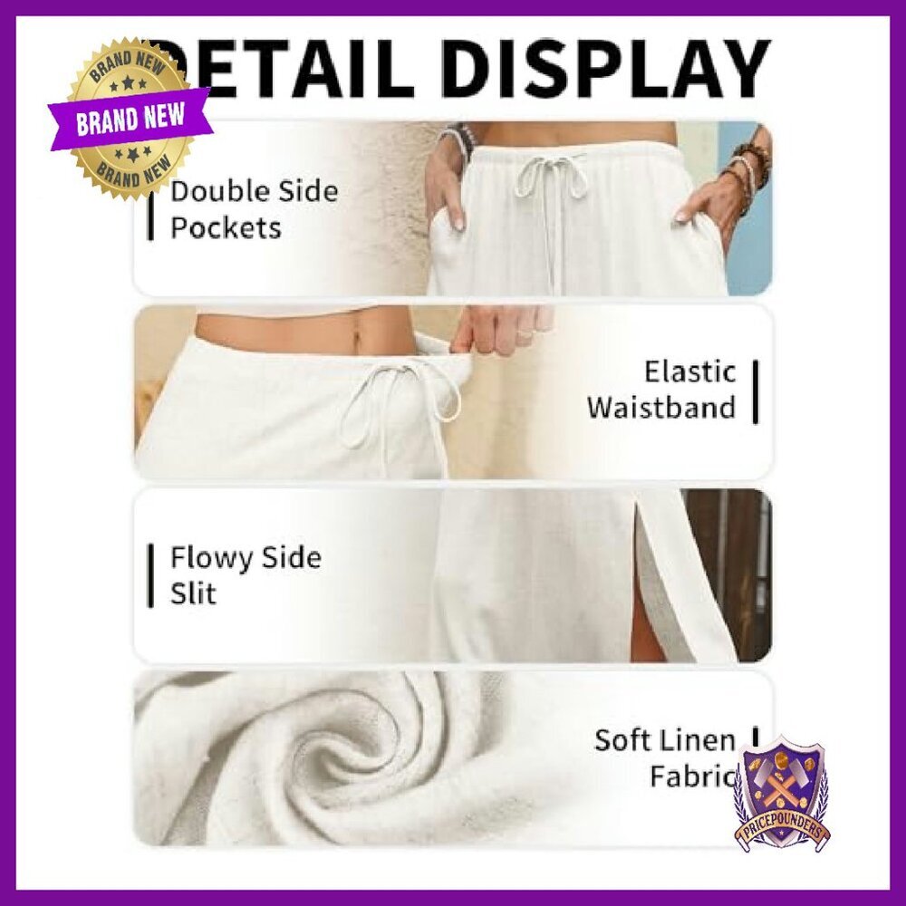 Linen Maxi Skirt with Pockets, Elastic Waist, Side Slit, Flowy - Picture 7 of 8